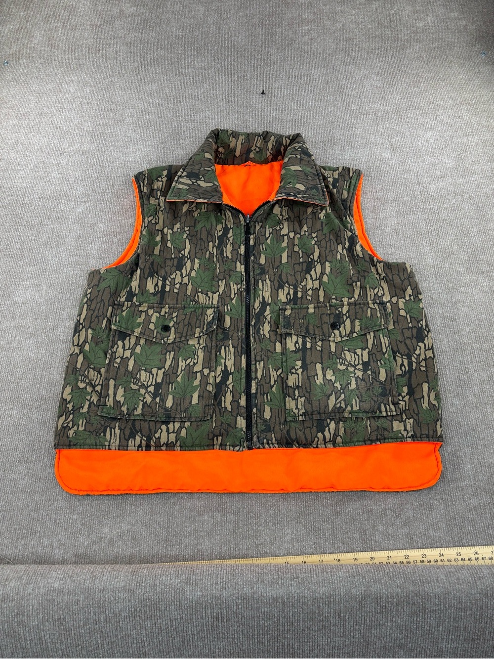 Vintage Winchester Hunting Vest Mens Large Trebark Camo Zip Reversible Orange